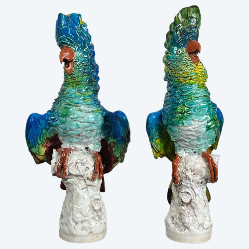 PAIR OF POLYCHROME GLAZED CERAMIC COCKATOOS BEARING A SIGNATURE