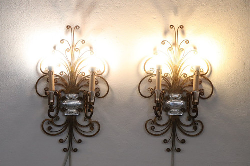 Gilded Iron and Crystal Sconces attributed to Maison Baguès, 1950s, Set of 2