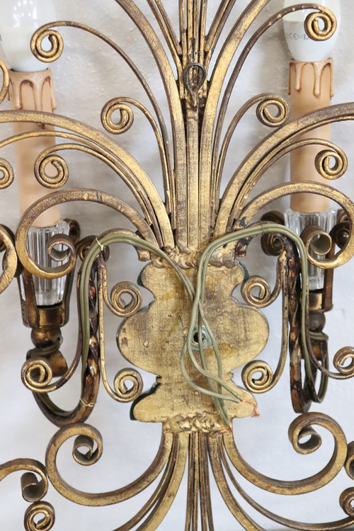 Gilded Iron and Crystal Sconces attributed to Maison Baguès, 1950s, Set of 2