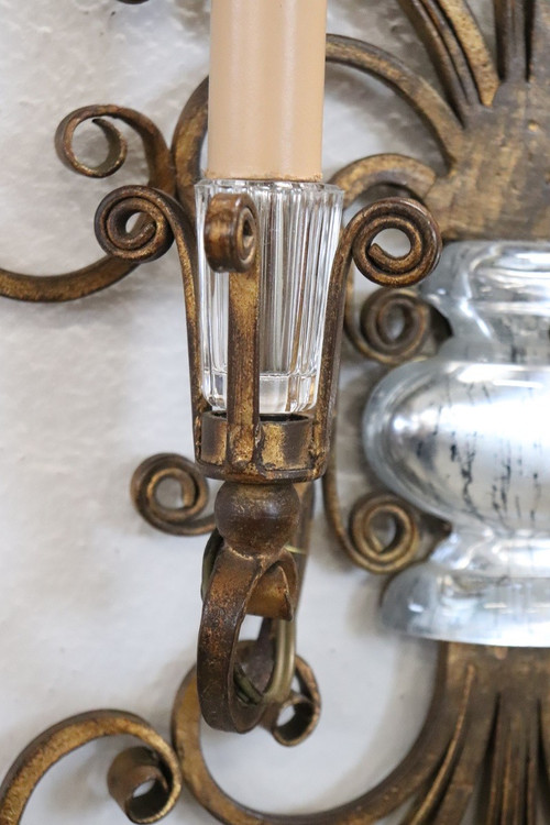 Gilded Iron and Crystal Sconces attributed to Maison Baguès, 1950s, Set of 2