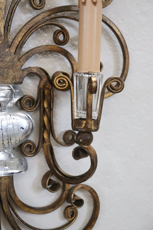 Gilded Iron and Crystal Sconces attributed to Maison Baguès, 1950s, Set of 2