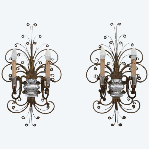 Gilded Iron and Crystal Sconces attributed to Maison Baguès, 1950s, Set of 2