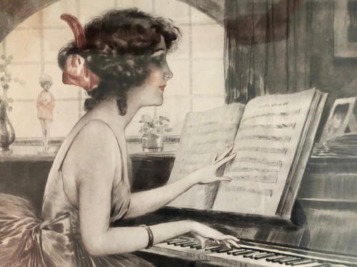 Mélodie femme au piano , print by Maurice Millière 1871-1946 Signed and numbered