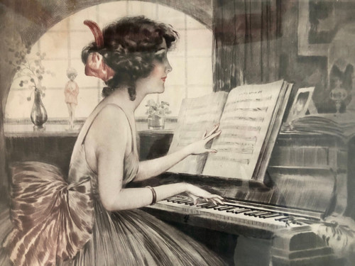 Mélodie femme au piano , print by Maurice Millière 1871-1946 Signed and numbered