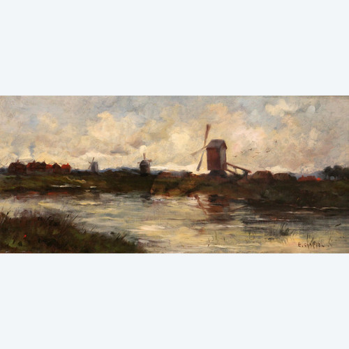 Edward CHAPPEL 1859-1946 Landschaft mit Mühlen, Niederlande oder Belgien, Gemälde, um 1883-85