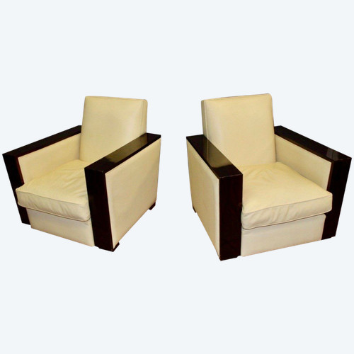 Pair Of Art Deco Rosewood And Beige Leather Armchairs