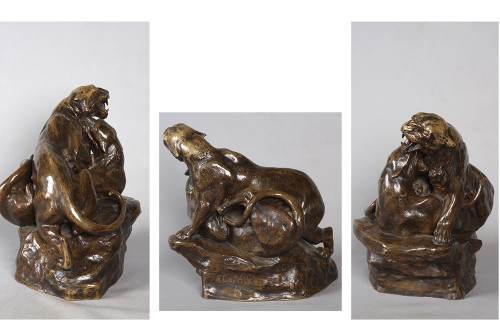 Art Deco bronze, Friedrich GORNIK 1877 / 1943, Panthers wrestling, Austrian School