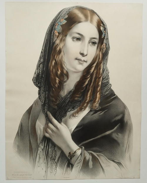 Portrait Of A Spanish Lady Lithograph By Lassalle, 19th Century Old Print