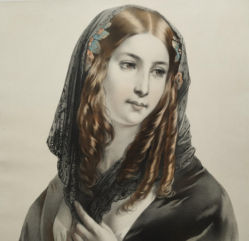 Portrait Of A Spanish Lady Lithograph By Lassalle, 19th Century Old Print