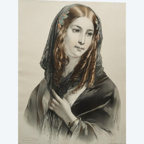 Portrait Of A Spanish Lady Lithograph By Lassalle, 19th Century Old Print