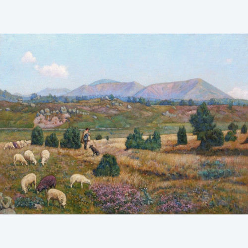 Théophile TAILHANDIER, Shepherd and his flock of sheep in front of the Puys, Auvergne