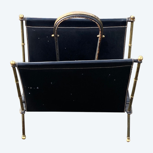 1950/70′ Magazine Rack Jacques Adnet Cuir Et Bronze Ou Laiton Doré