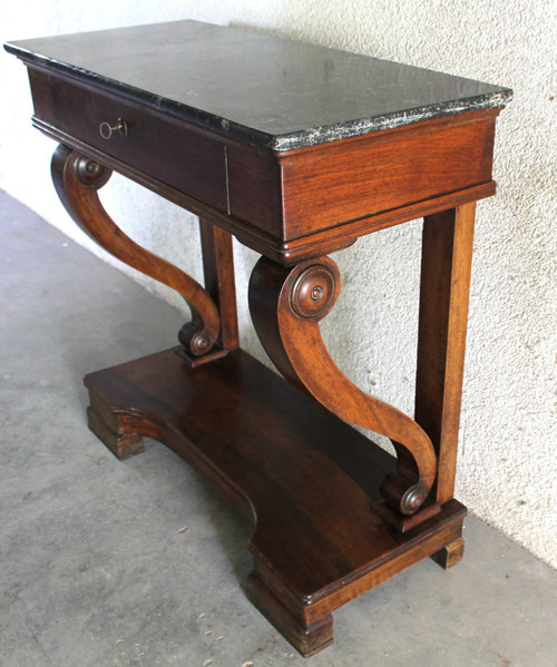 Empire style mahogany console with 1 drawer and black marble top, 19th century