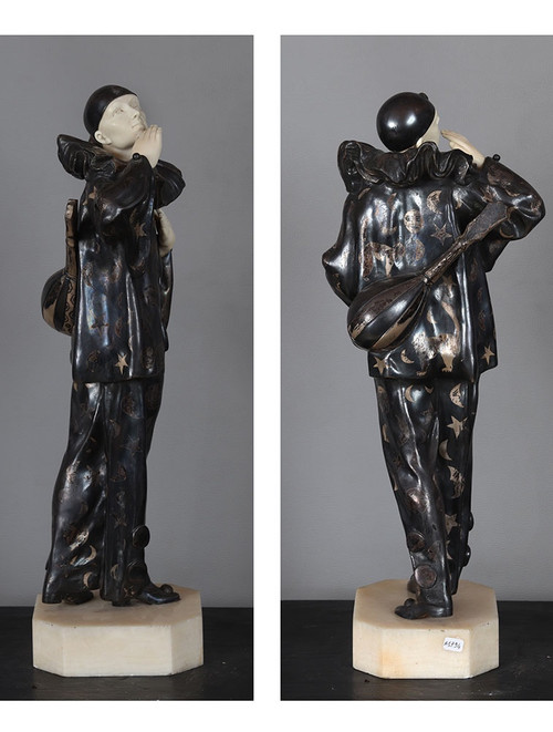 Claude MIRVAL 1889/1973, Chryséléphantine, 55 cm, Art Déco, Pierrot