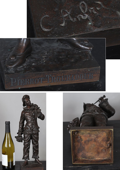 Bronze XIX°, 46 cm, signed : Charles ANFRIE 1833/1905, Pierrot troubadour