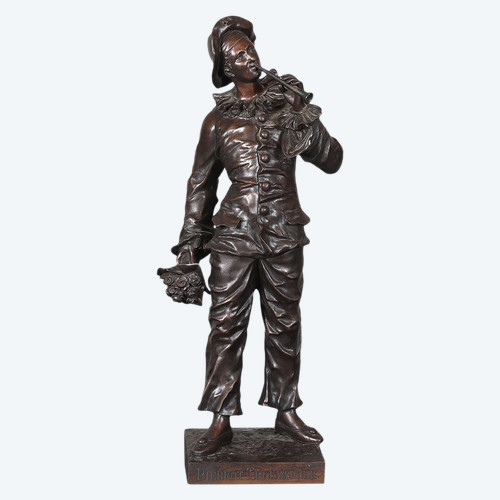 Bronze XIX°, 46 cm, signed : Charles ANFRIE 1833/1905, Pierrot troubadour