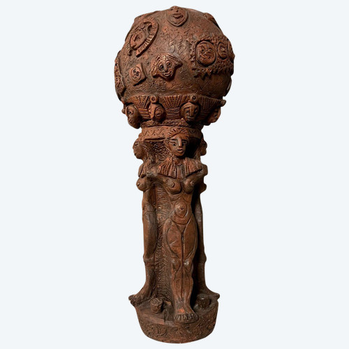 Afrique noire / art populaire, tribal, rituel : Grande sculpture en terre cuite polychrome