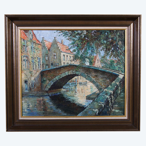 View of Bruges, Belgium, signed: L. Dupont, Belgian School