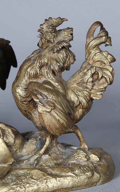 19th century bronze, with golden patina, The Turkey and the Rooster