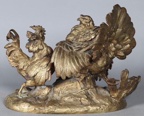 19th century bronze, with golden patina, The Turkey and the Rooster