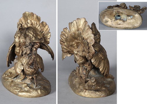 19th century bronze, with golden patina, The Turkey and the Rooster