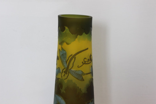 Gallé Tip Vase With Dragonfly And Frog Circa 1980