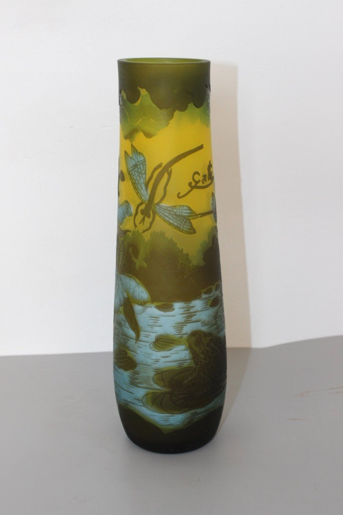 Gallé Tip Vase With Dragonfly And Frog Circa 1980