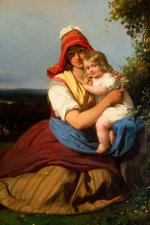 Julien Michel Gué (1789-1843) Ritratto di campagna Donna e bambino olio su tela Periodo romantico