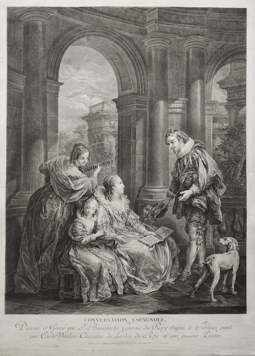 Scene from the Marriage of Figaro 18th century engraving by Beauvarlet after Carle Van Loo