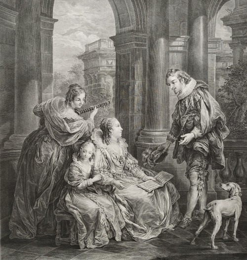 Scene from the Marriage of Figaro 18th century engraving by Beauvarlet after Carle Van Loo