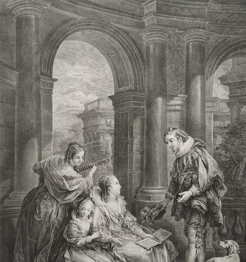 Scene from the Marriage of Figaro 18th century engraving by Beauvarlet after Carle Van Loo