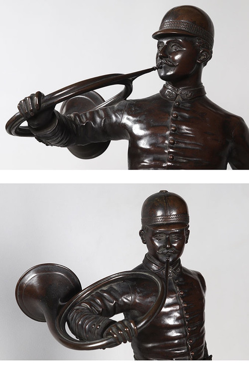 Bronze XIX ème, 60cm, Chasse à Courre, signé : J.VERSTAPPEN, École Belge, trompe de chasse