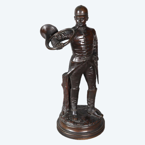 Bronze XIX ème, 60cm, Chasse à Courre, signé : J.VERSTAPPEN, École Belge, trompe de chasse