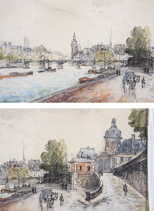 Frank Will (Frank Boggs), Paris, Quai de Seine, Pont des Arts, watercolor