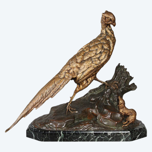 Bronze XIX°, 53 cm, de Jules MOIGNIEZ 1835 / 1894, Faisan et Musaraigne.