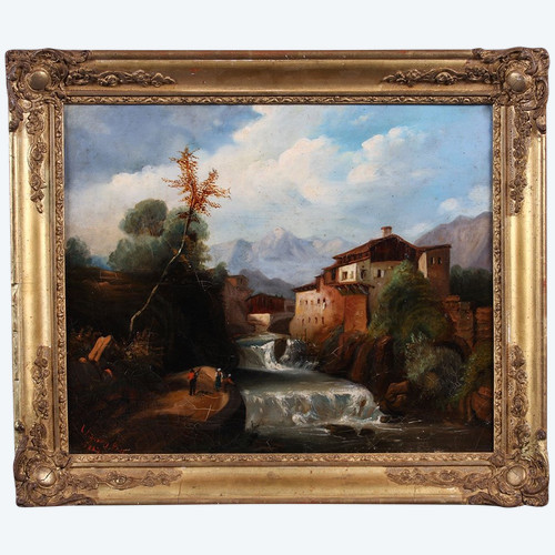 19th century painting, signed: Louis Chignan, from 1847, Animated landscape, mountain, river