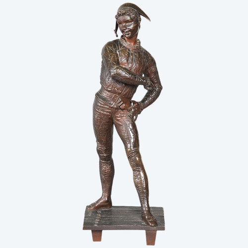 19th century bronze, 54 cm, signed by Emile LAPORTE 1858/1907, Harlequin