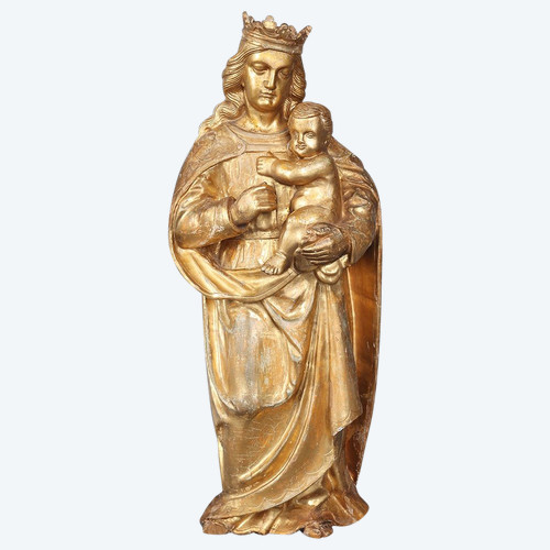 Vergine Incoronata XVIII secolo, cm 56, scultura in legno dorato con foglie d'oro