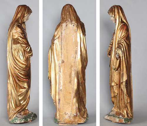 Grande Madonna del XVIII secolo cm 90 scultura in legno dorato con foglie d'oro