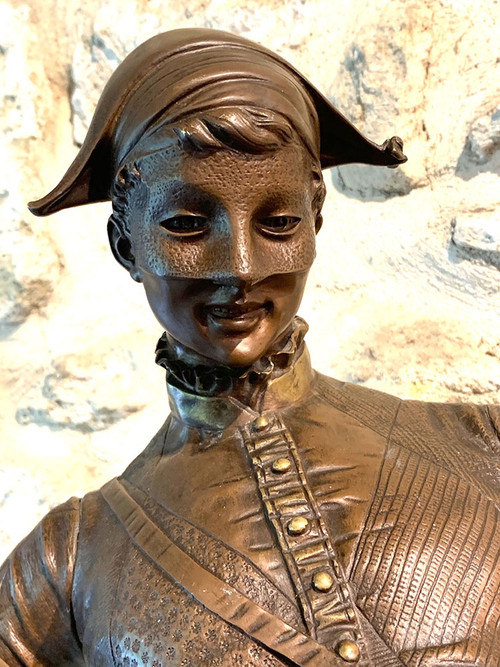 Large 19th century bronze, 85 cm, signed Paul DUBOIS 1829/1905, Harlequin