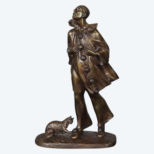 Bronze, early 20th century, 30 cm, signed: Robert BOUSQUET 1894/1917, Pierrot and his cat