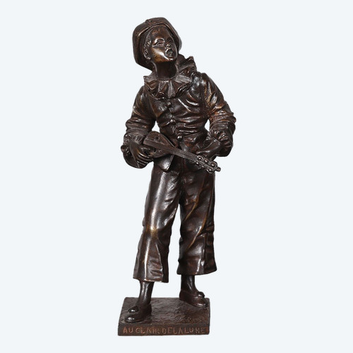 Bronze XIX°, 22 cm, signé : Eutrope BOURET 1883/1906, Pierrot