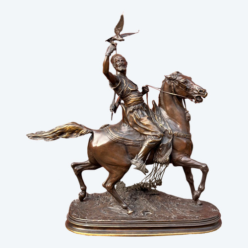 Pierre Jules Mène (1810-1879) Important Bronze Arab Falconer on Horseback 19th Century H 78 Cm