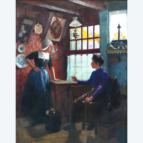 Reinhold BRESSLER 1868-1945 Netherlands, couple talking in an interior, painting, circa 1900