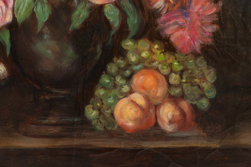 École française, Bouquet de tulipes, roses et fruits sur un entablement huile sur toile d'époque Nap