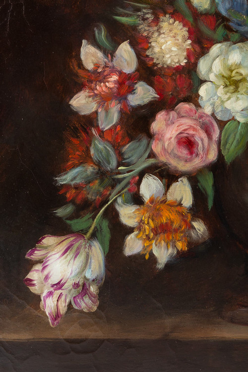 École française, Bouquet de tulipes, roses et fruits sur un entablement huile sur toile d'époque Nap