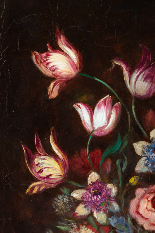 École française, Bouquet de tulipes, roses et fruits sur un entablement huile sur toile d'époque Nap