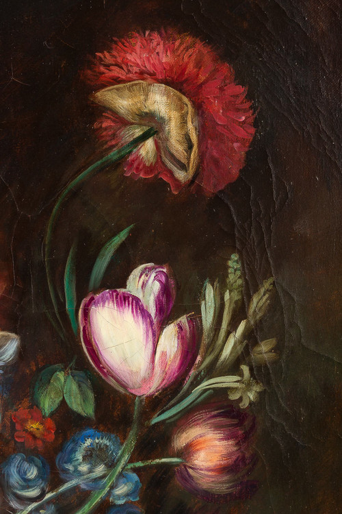 École française, Bouquet de tulipes, roses et fruits sur un entablement huile sur toile d'époque Nap