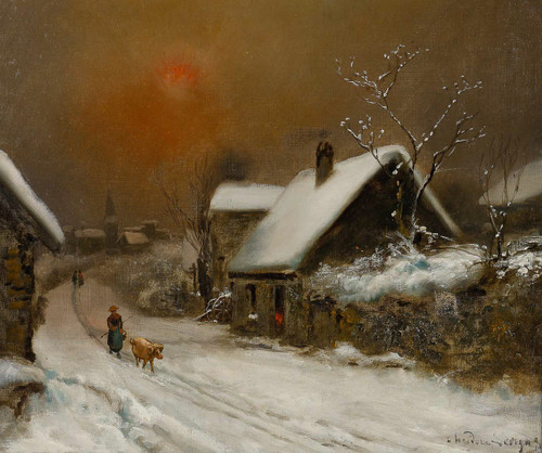 Theodore Levigne (1848-1912) Village sous la neige oil on canvas late 19th century