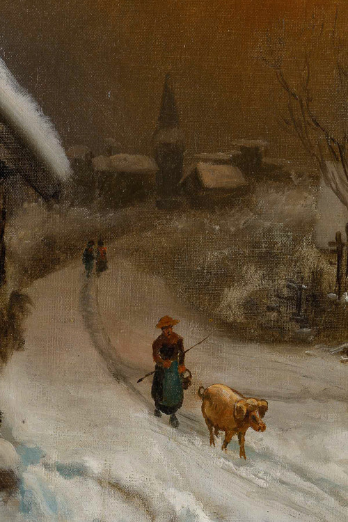 Theodore Levigne (1848-1912) Village sous la neige oil on canvas late 19th century